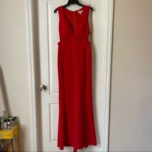 Emerald sundae red dress; long deep cut front with side cutouts